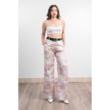 Renkli Bol Paça Kemerli ve Cepli Kumaş Pantolon 30031