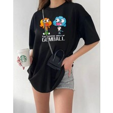 Kadın Bisiklet Yaka Baskılı Oversize T-Shirt - Siyah