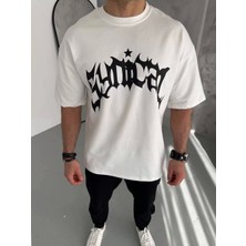 Unisex Bisiklet Yaka Baskılı Oversize T-Shirt - Beyaz