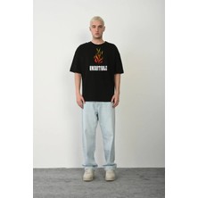 Unisex Bisiklet Yaka Baskılı Oversize T-Shirt - Siyah