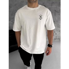 Unisex Bisiklet Yaka Baskılı Oversize T-Shirt - Beyaz