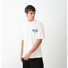 Unisex Bisiklet Yaka Baskılı Oversize T-Shirt - Beyaz