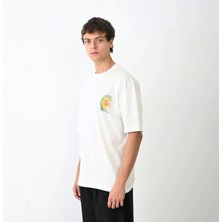 Unisex Bisiklet Yaka Baskılı Oversize T-Shirt - Beyaz