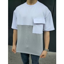 Unisex Torba Cep Detaylı Parçalı T-Shirt - Gri