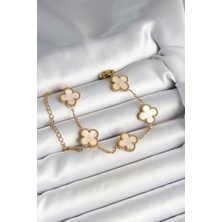 Tua Moda 316L Çelik Sedefli Kırık Beyaz Gold Renk Yonca Kadın Bileklik