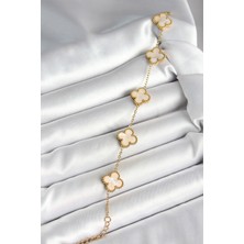 Tua Moda 316L Çelik Sedefli Kırık Beyaz Gold Renk Yonca Kadın Bileklik