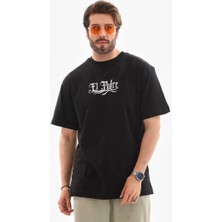 Unisex Bisiklet Yaka Baskılı Oversize T-Shirt - Siyah