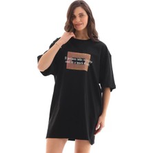 Unisex Bisiklet Yaka Baskılı Oversize T-Shirt - Siyah