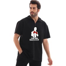 Unisex Yarım Fermuarlı Oversize Baskılı T-Shirt - Siyah