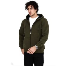 Unisex Tam Fermuarlı Kapşonlu  Sweatshirt - Haki