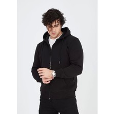 Unisex Tam Fermuarlı Kapşonlu  Sweatshirt - Siyah
