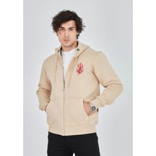 Unisex Baskılı Tam Fermuarlı Kapşonlu Sweatshirt - Bej