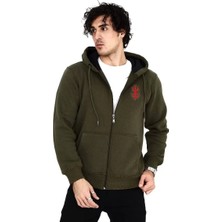 Unisex Baskılı Tam Fermuarlı Kapşonlu Sweatshirt - Haki