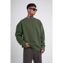 Unisex Biskilet Yaka Üç Iplik Sweatshirt - Haki