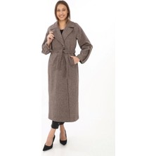 Kadın Kolu Apoletli Astarlı Kaşmir Kaşe Kaban - Vizon