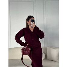 V Yaka 3 Düğmeli Hırka Takım Triko Ikili Etekli - Bordo