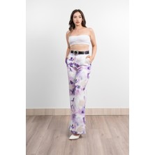 Renkli Bol Paça Kemerli ve Cepli Kumaş Pantolon 30031