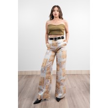 Renkli Bol Paça Kemerli ve Cepli Kumaş Pantolon 30031