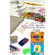 12 Renk Bic Kuru Boya 25X35 cm Telli Spralli Resim Defteri Hamur Silgi Kalemtraş 15 Yaprak Resim Defteri Kuruboya Kalem