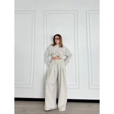 Uzun Kollu Önü Ip Büzgülü Crop ve Pantolon Ikili Takım - Gri