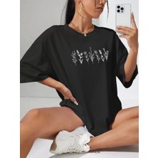 Kadın Baskılı Oversize T-Shirt - Siyah