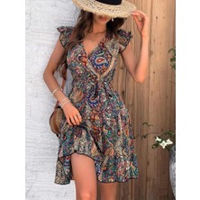 Kadın Kısa Kelebek Kollu Kruvaze Yakalı Süprem Elbise