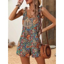 Kadın Omuzlardan Askılı Desenli Geniş Paçalı Süprem Tulum