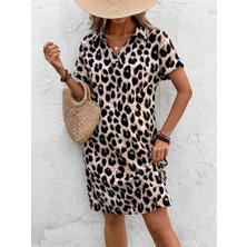 Kadın Kısa Kollu Yakalı Leopar Desenli Süprem Elbise