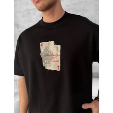 Ön ve Arka Baskılı Oversize Bisiklet Yaka T-Shirt - Siyah