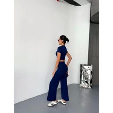 Osy Modal Yumuşak Dokulu Kumaş Kısa Kollu Crop Alt Ispanyol Paça Pantalon Ikili Takım - Lacivert