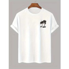 20/1 Penye Compack Palmiye Baskılı Oversize Bisiklet Yaka Kısa Kol T-Shirt - Beyaz