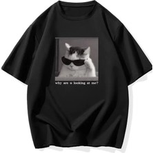 "neden Bana Bakıyorsun?" Komik Kedi Grafik Tişört - Dijital Baskılı Siyah Bol Kesim Streetwear Tişört, Erkekler Için Dört Mevsim Günlük Gömlek - Siyah