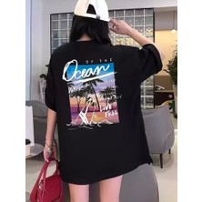 Kadınlar Için Geniş Kesim Tişört - Kısa Kollu, Bol Kesim, Manzaralı Okyanus Baskı, Günlük Yazlık Üst, Siyah- Siyah