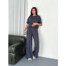 Osy Modal Yumuşak Dokulu Kumaş Bisiklet Yaka T-Shirt Bol Paça Pantalon Ikili Takım -Antrasit