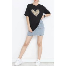 Sevgililer Günü Için Özel Tasarım Leopar Kalp Baskılı T-Shirt - Siyah