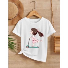 Kız Çocuk Bisiklet Yaka Baskılı T-Shirt - Beyaz