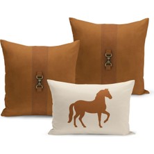 Bertille Home Klasik At Serisi Çift Tarafı Dijital Baskılı  3'lü Kırlent Kılıfı Seti (Horse)