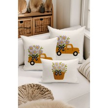 Bertille Home Çift Tarafı Dijital Baskılı  3'lü Kırlent Kılıfı Seti (Panç /punch Nakış Desen Görünümlü)