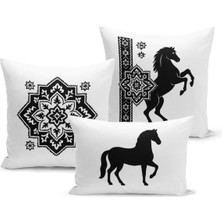 Bertille Home Klasik At Serisi Çift Tarafı Dijital Baskılı  3'lü Kırlent Kılıfı Seti (Horse)