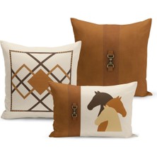 Bertille Home Klasik At Serisi Çift Tarafı Dijital Baskılı  3'lü Kırlent Kılıfı Seti (Horse)