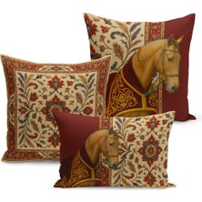 Bertille Home Klasik At Serisi Çift Tarafı Dijital Baskılı  3'lü Kırlent Kılıfı Seti (Horse)