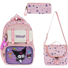 Baginn Ilkokul Kız Çocuk Çantası 3'lü Set Kuromi Benzeri 40*30 cm Beslenme Çantası Kalem Kutusu Ortopedik