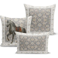 Bertille Home Klasik At Serisi Çift Tarafı Dijital Baskılı  3'lü Kırlent Kılıfı Seti (Horse)