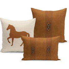 Bertille Home Klasik At Serisi Çift Tarafı Dijital Baskılı  3'lü Kırlent Kılıfı Seti (Horse)