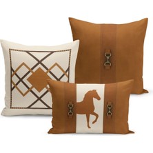 Bertille Home Klasik At Serisi Çift Tarafı Dijital Baskılı  3'lü Kırlent Kılıfı Seti (Horse)