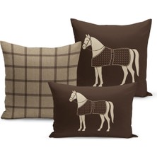 Bertille Home Klasik At Serisi Çift Tarafı Dijital Baskılı  3'lü Kırlent Kılıfı Seti (Horse)