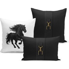 Bertille Home Klasik At Serisi Çift Tarafı Dijital Baskılı  3'lü Kırlent Kılıfı Seti (Horse)