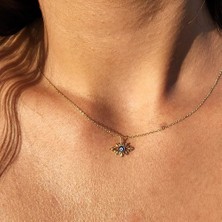 Fasek Gold Altın Kolye - Kirpik Nazar Boncuğu Lacivert Mineli Tasarım Modern 14 Ayar Altın Koly e- Altın Kolye