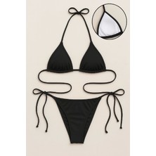 İmoda Kadın Siyah Yandan ve Boyundan Bağlamalı Bikini Mayo Takımı
