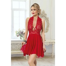 İmoda Kadın Kırmızı Çapraz Bağlı Kısa Tül Dantel Gecelik